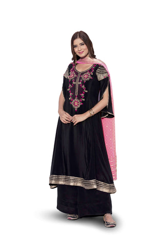 Black Embroidered Anarkali Suit With Flared Pants