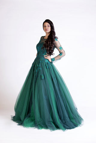 Green Floral Embroidered Gown Set