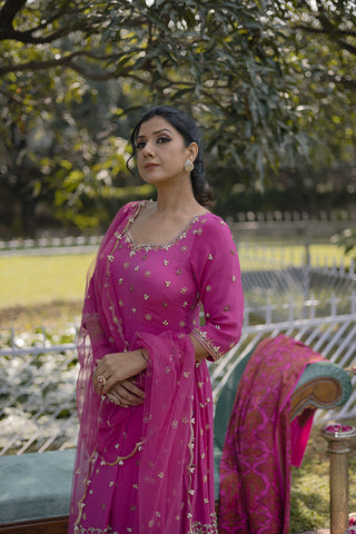 Rani Pink Embroidered Kalidar with Churidar Set