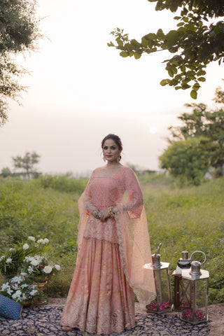 Peach Amber Embroidered Shirt with Ghagra Set