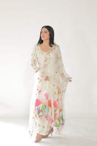 White Floral Kalidar With Straight Salwar