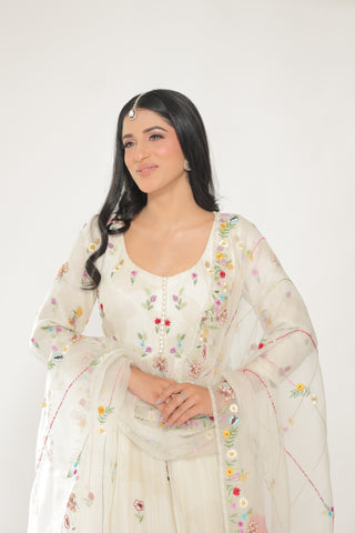 White Floral Kalidar With Straight Salwar