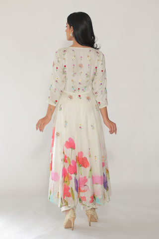 White Floral Kalidar With Straight Salwar