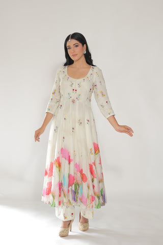 White Floral Kalidar With Straight Salwar