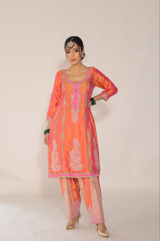 Vermillion Orange Embroidered Shirt with JM salwar
