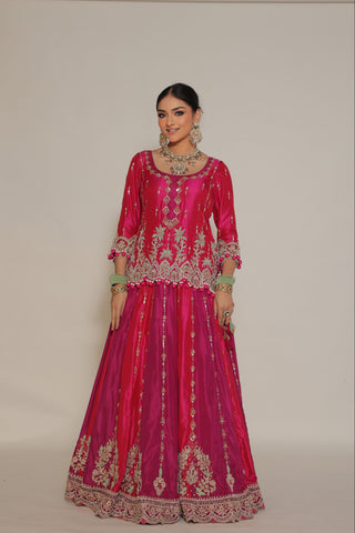 Raspberry Pink Embroidered Shirt with Ghagra