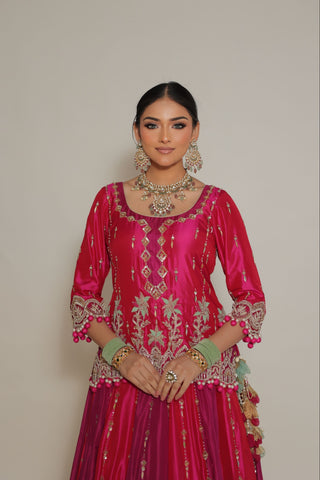 Raspberry Pink Embroidered Shirt with Ghagra