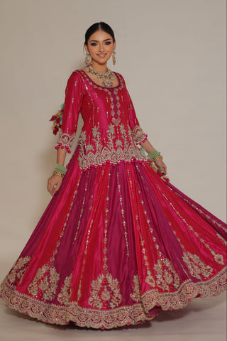 Raspberry Pink Embroidered Shirt with Ghagra