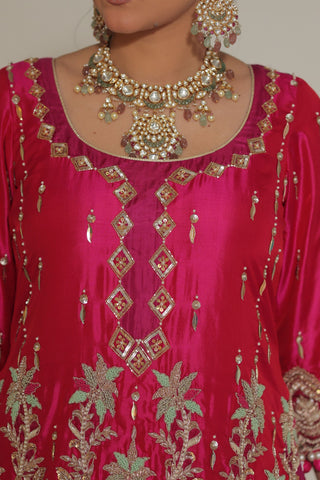 Raspberry Pink Embroidered Shirt with Ghagra