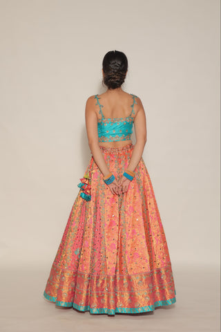 Coral kanjivaram Embroidered Lehenga Set