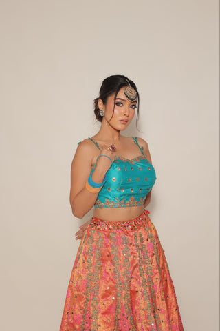 Coral kanjivaram Embroidered Lehenga Set