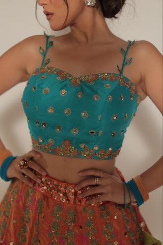 Coral kanjivaram Embroidered Lehenga Set