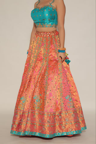 Coral kanjivaram Embroidered Lehenga Set