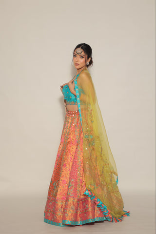 Coral kanjivaram Embroidered Lehenga Set