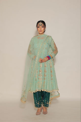 Pastel Green Embroidered Kalidar with JM salwar