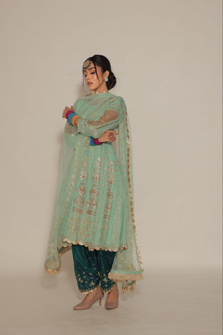 Pastel Green Embroidered Kalidar with JM salwar