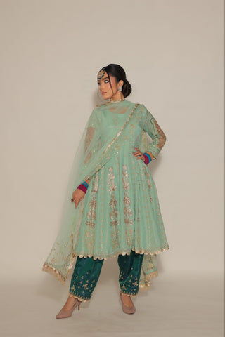 Pastel Green Embroidered Kalidar with JM salwar