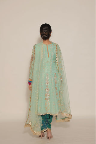 Pastel Green Embroidered Kalidar with JM salwar