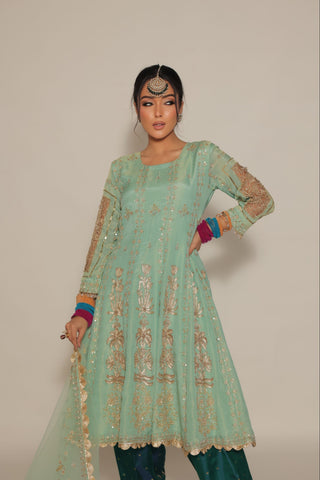 Pastel Green Embroidered Kalidar with JM salwar