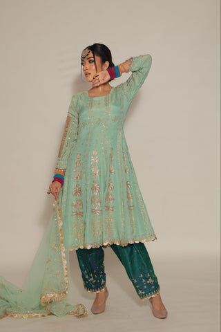 Pastel Green Embroidered Kalidar with JM salwar
