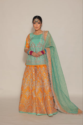 Golden Orange Embroidered Shirt with Sharara Set