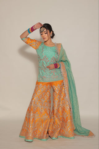 Golden Orange Embroidered Shirt with Sharara Set
