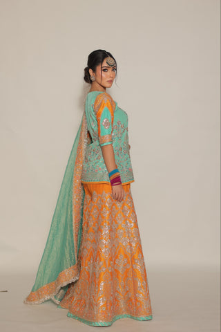 Golden Orange Embroidered Shirt with Sharara Set