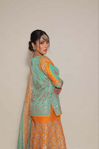 Golden Orange Embroidered Shirt with Sharara Set