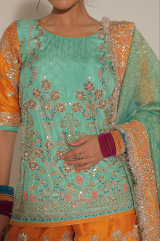 Golden Orange Embroidered Shirt with Sharara Set