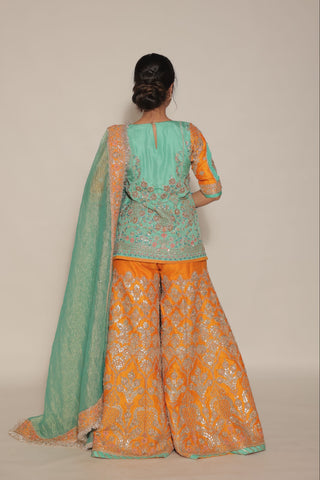 Golden Orange Embroidered Shirt with Sharara Set