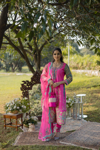 Carmine Rose Embroidered Shirt With Churidar Set
