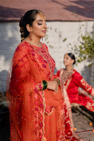 Ombre Coral Embroidered Shirt with Sharara Pants
