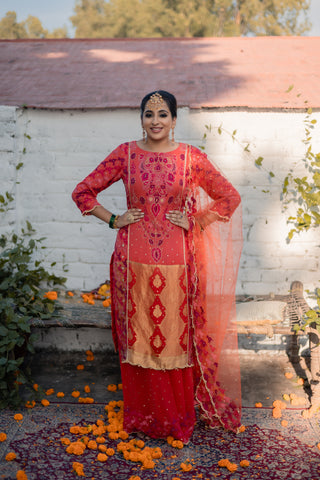 Ombre Coral Embroidered Shirt with Sharara Pants