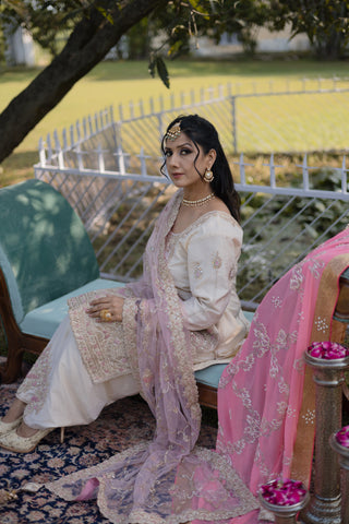 Ivory Pink Embroidered Shirt with JM Salwar Set