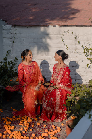 Ombre Coral Embroidered Shirt with Sharara Pants