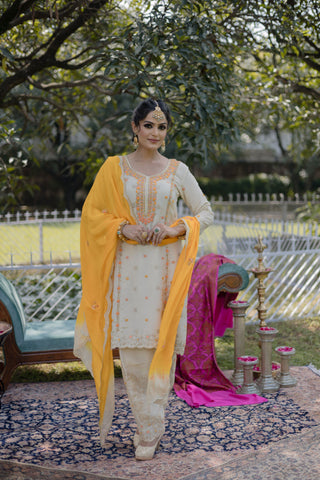 Mustard Yellow Dupatta with Ivory Kurta Set