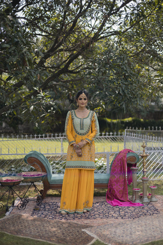 Primrose Yellow Embroidered Shirt with Sharara Set