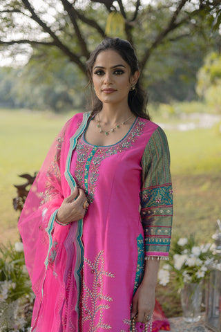 Carmine Rose Embroidered Shirt With Churidar Set