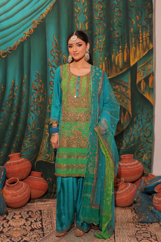 Green Blue Ombre Embroidered Shirt with JM Salwar Set