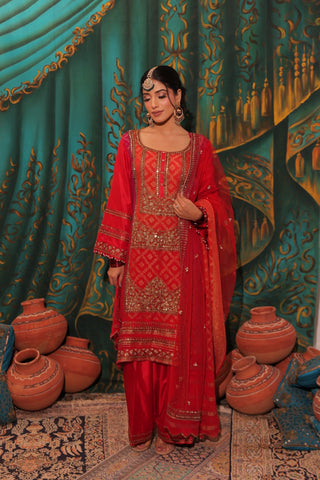 Red Ombre Embroidered Shirt with JM Salwar