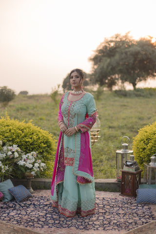 Tifany Blue Embroidered Shirt with Sharara Set