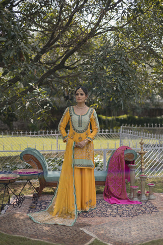 Primrose Yellow Embroidered Shirt with Sharara Set