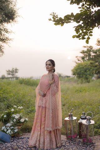 Peach Amber Embroidered Shirt with Ghagra Set