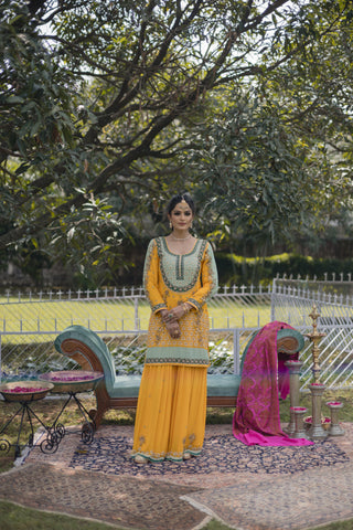 Primrose Yellow Embroidered Shirt with Sharara Set