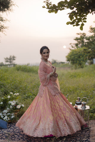 Peach Amber Embroidered Shirt with Ghagra Set