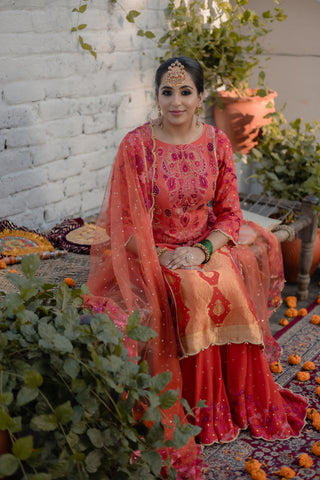 Ombre Coral Embroidered Shirt with Sharara Pants