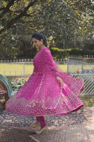 Rani Pink Embroidered Kalidar with Churidar Set