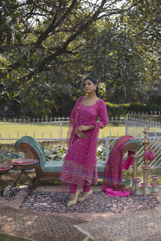 Rani Pink Embroidered Kalidar with Churidar Set