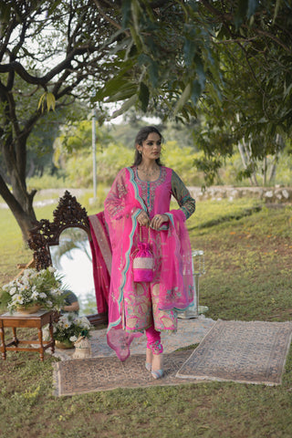 Carmine Rose Embroidered Shirt With Churidar Set