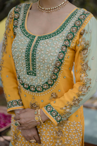 Primrose Yellow Embroidered Shirt with Sharara Set